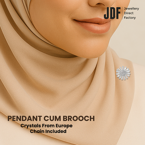 Sunlit Daisy Pendant Brooch with Cubic Zirconia, Pendant Brooch, Worn by Woman Model on Tudung, White, Cubic Zirconia, One-Year Warranty - Jewellery Direct Factory in alabaster background