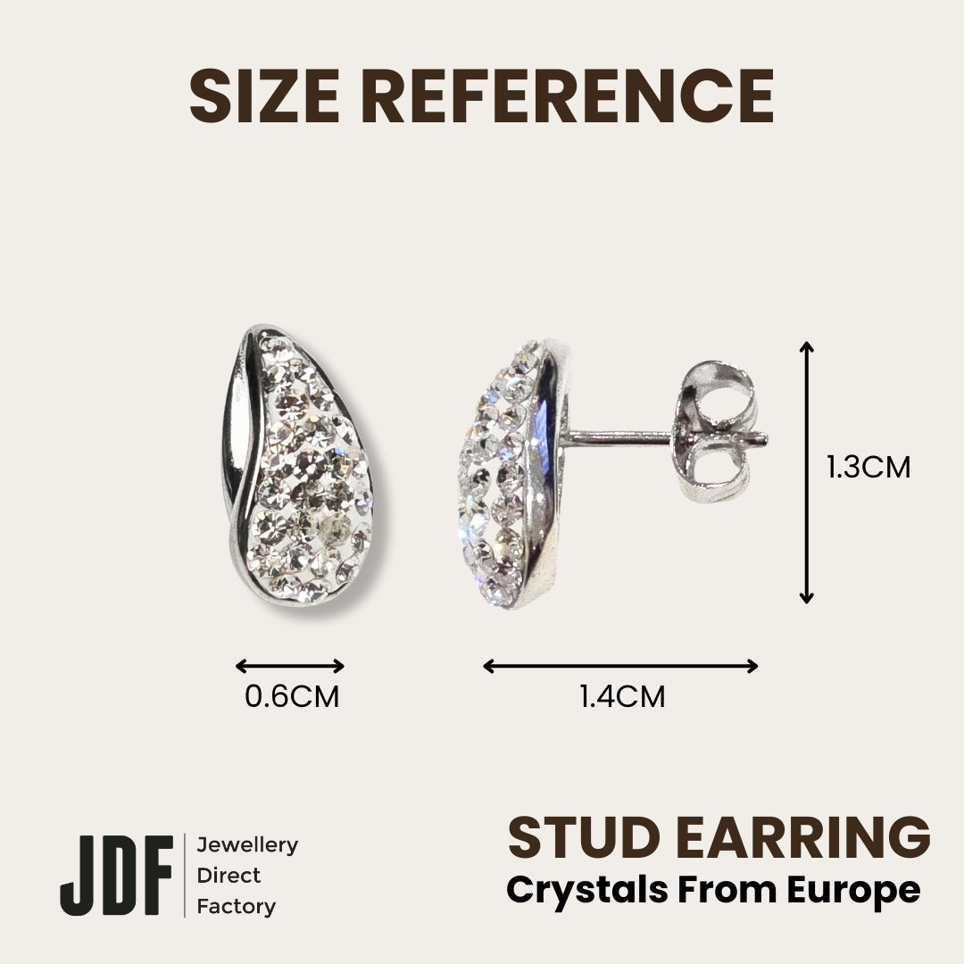 Teardrop Stud Earrings with Crystals from Europe, Crystal Earrings, Size Reference, Crystals from Europe, One-Year Warranty - Jewellery Direct Factory in alabaster background