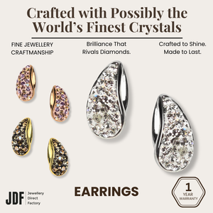Teardrop Stud Earrings with Crystals from Europe, Crystal Earrings, Yellow Gold, White Gold, Rose Gold, Crystals from Europe, One-Year Warranty - Jewellery Direct Factory in alabaster background