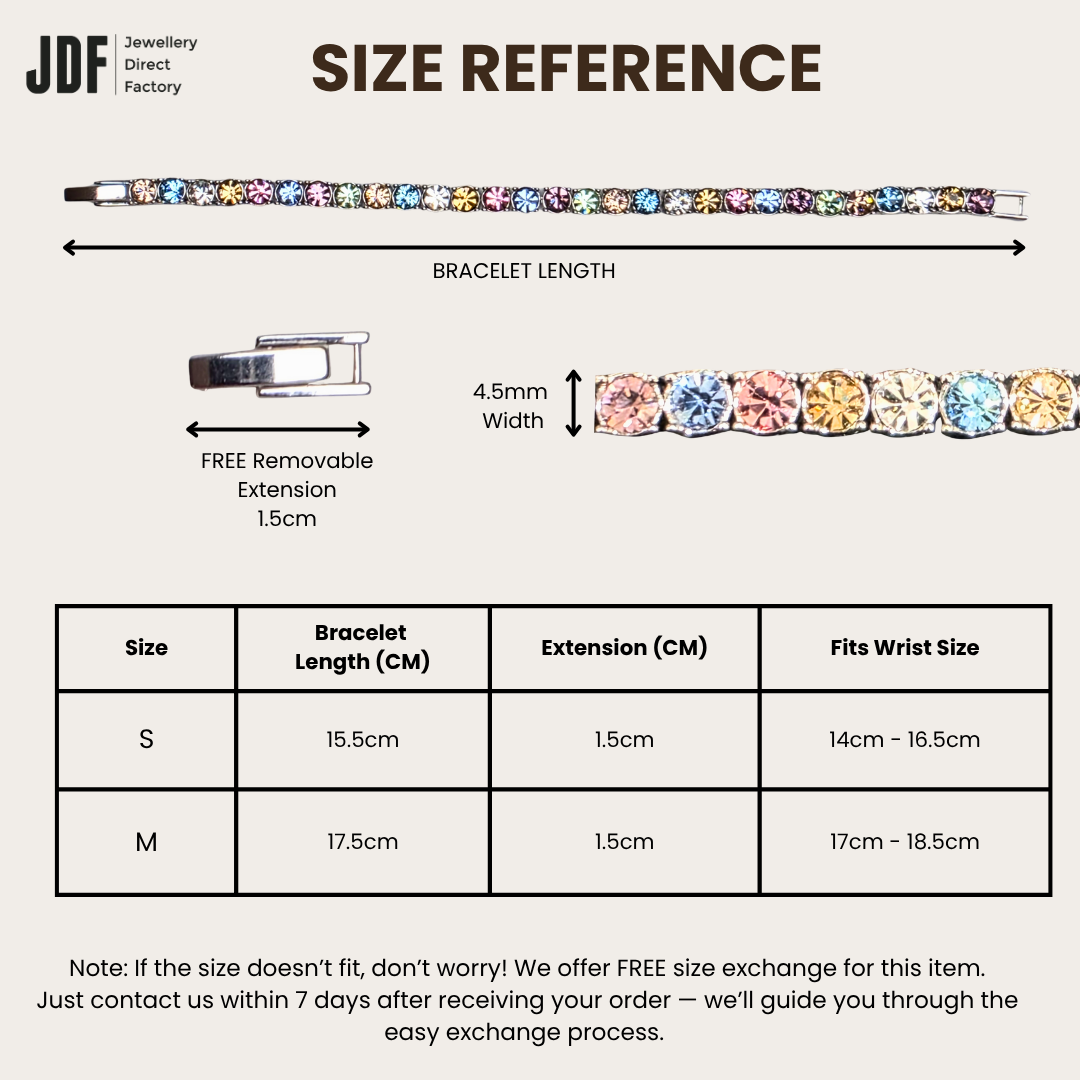 Tennis Bracelet 4mm with Crystal From Europe, Crystal Bracelet, Size Reference, Crystal From Europe, One-Year Warranty - Jewellery Direct Factory in alabaster background