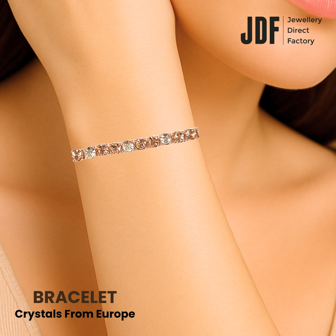 Tennis Bracelet 4mm with Crystal From Europe, Crystal Bracelet, Worn by Model, Crystal From Europe, One-Year Warranty - Jewellery Direct Factory in alabaster background