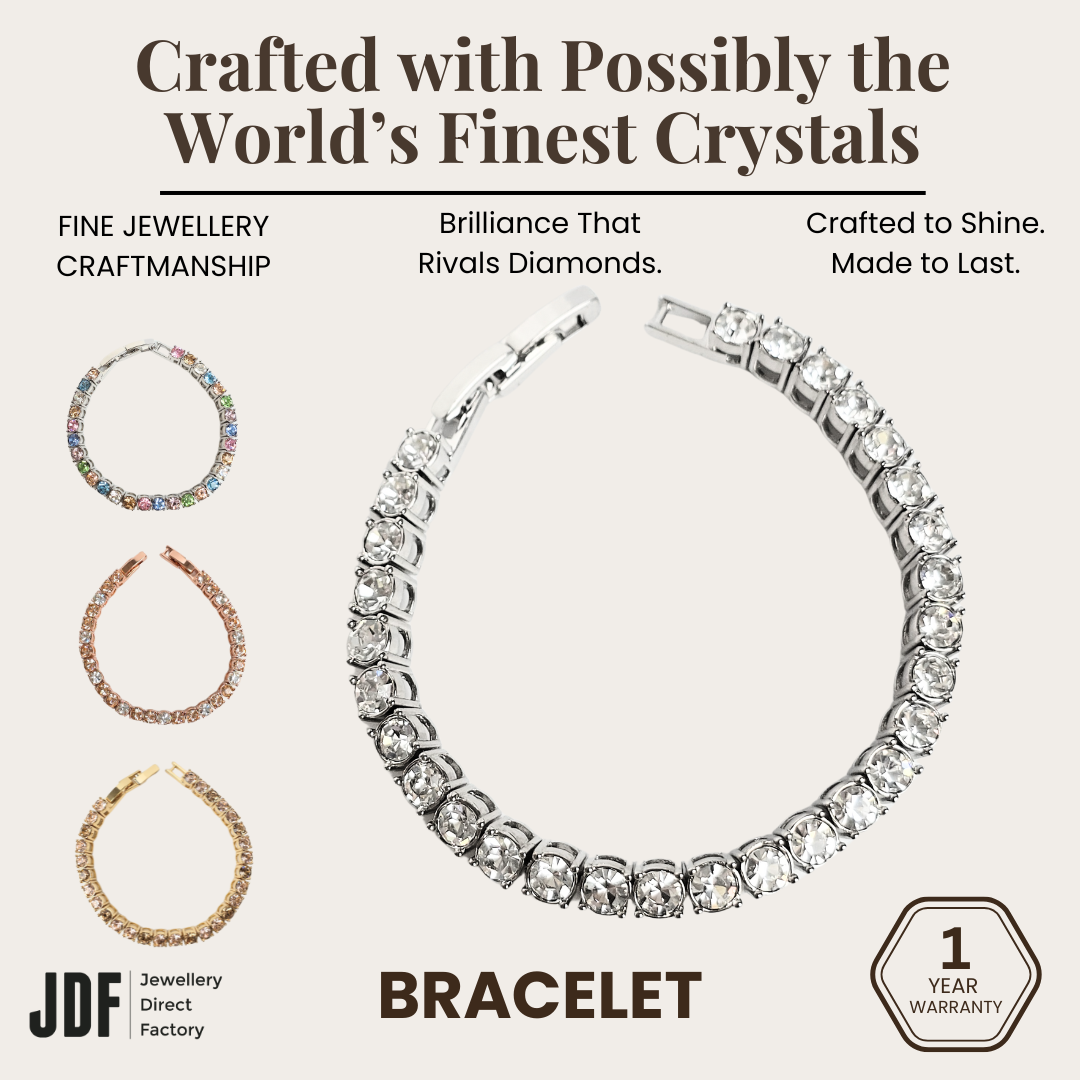 Tennis Bracelet 4mm with Crystal From Europe, Crystal Bracelet, White, Gold, Rose Gold, White Gold, Crystal From Europe, One-Year Warranty - Jewellery Direct Factory in alabaster background