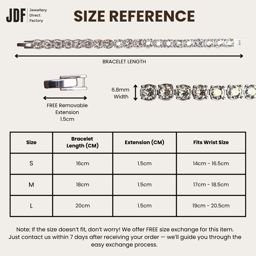 Tennis Bracelet 5mm with Crystal From Europe, Crystal Bracelet, Size Reference, Crystal From Europe, One-Year Warranty - Jewellery Direct Factory in alabaster background