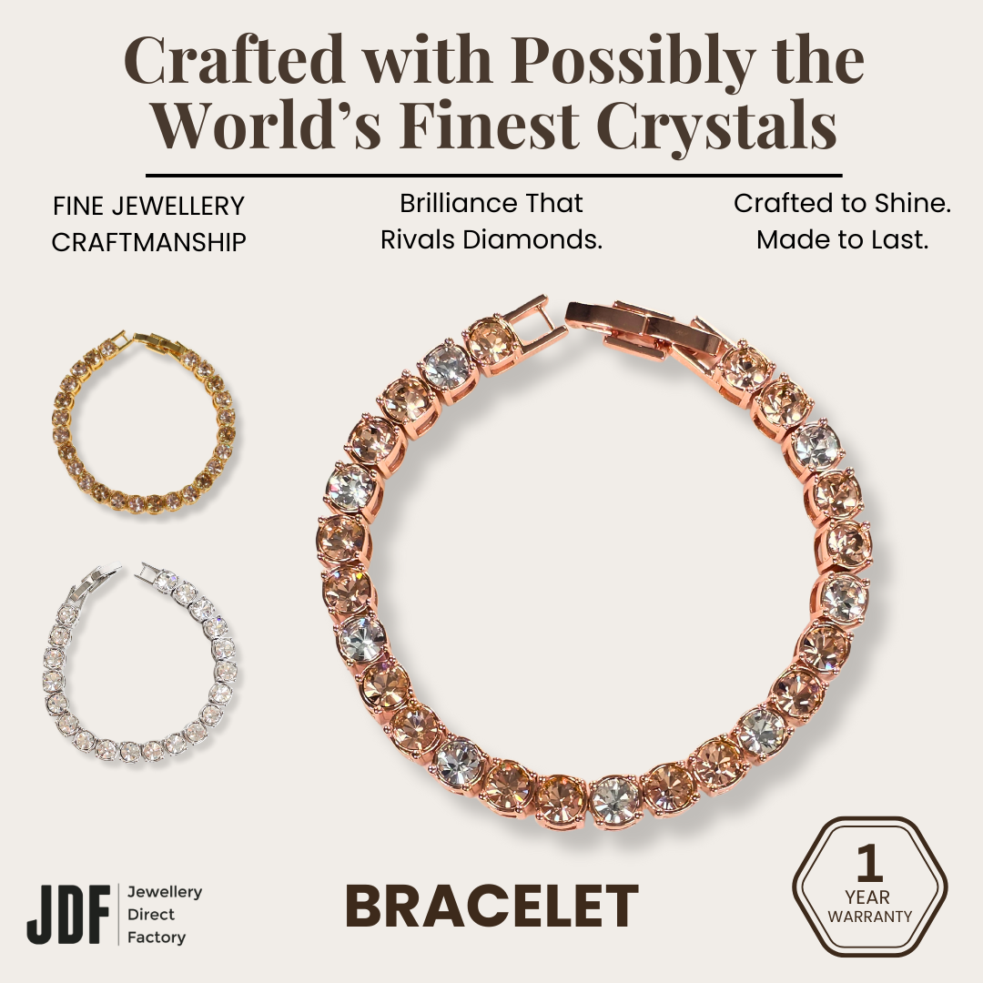 Tennis Bracelet 5mm with Crystal From Europe, Crystal Bracelet, Rose Gold, Gold, White Gold, Silver, Crystal From Europe, One-Year Warranty - Jewellery Direct Factory in alabaster background