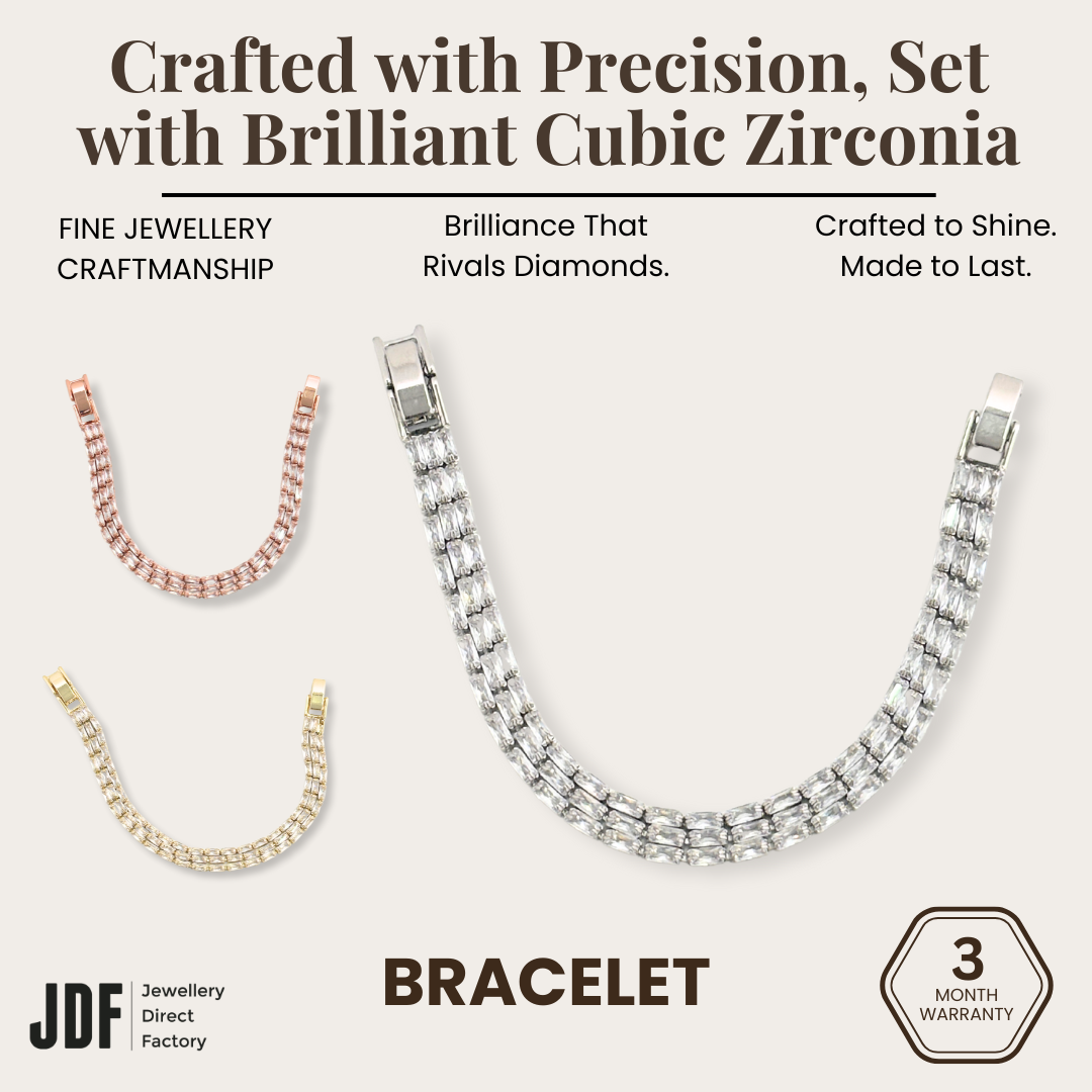 Triple-Line Bamboo Bracelet with Cubic Zirconia, Crystal Bracelet, White Rose Gold Gold, Cubic Zirconia, Three-Month Warranty - Jewellery Direct Factory in alabaster background