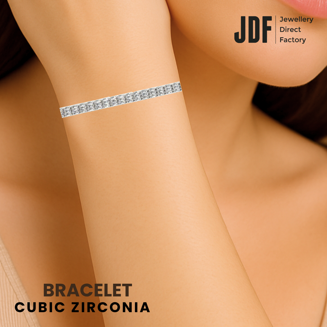 Triple-Line Bamboo Bracelet with Cubic Zirconia, Crystal Bracelet, Worn by Woman Model, Cubic Zirconia, Three-Month Warranty - Jewellery Direct Factory in alabaster background