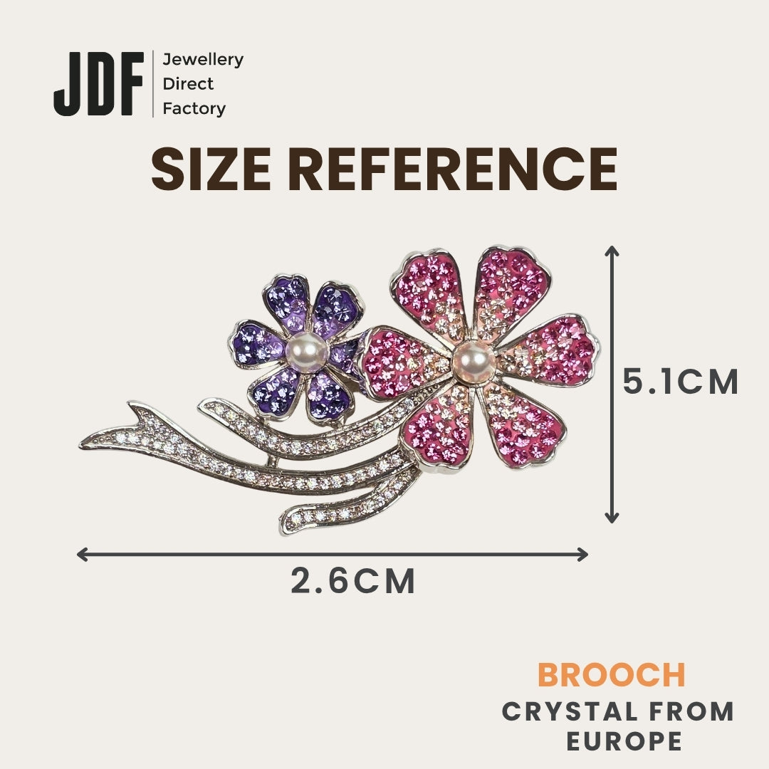 Twin Blossom Pearl Brooch with Crystal From Europe, Brooch, Size Reference, Crystals from Europe, One-Year Warranty - Jewellery Direct Factory in alabaster background