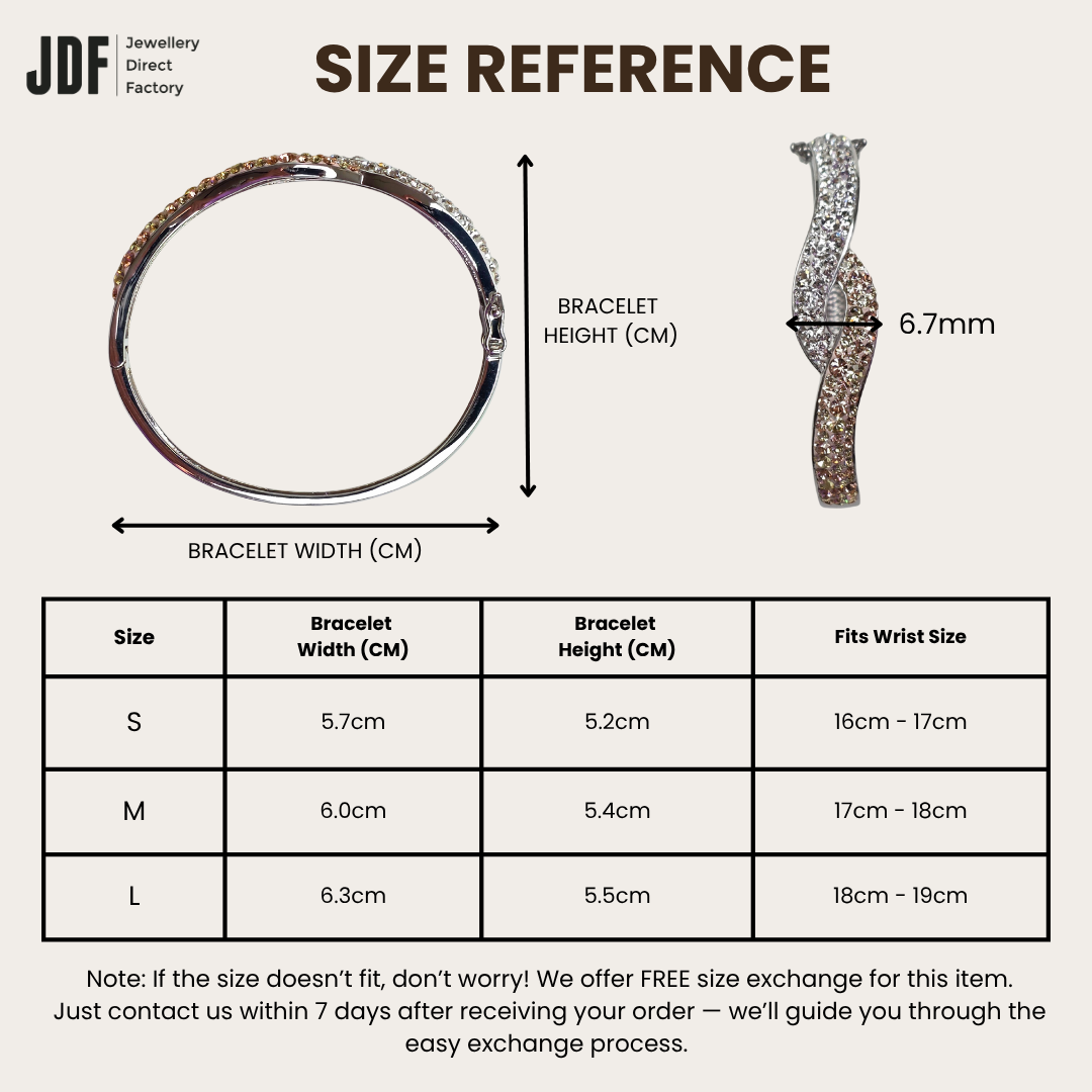 Twist Sparkle Bangle with Crystals From Europe, Crystal Bangle, Size Reference, Crystal From Europe, One-Year Warranty - Jewellery Direct Factory in alabaster background