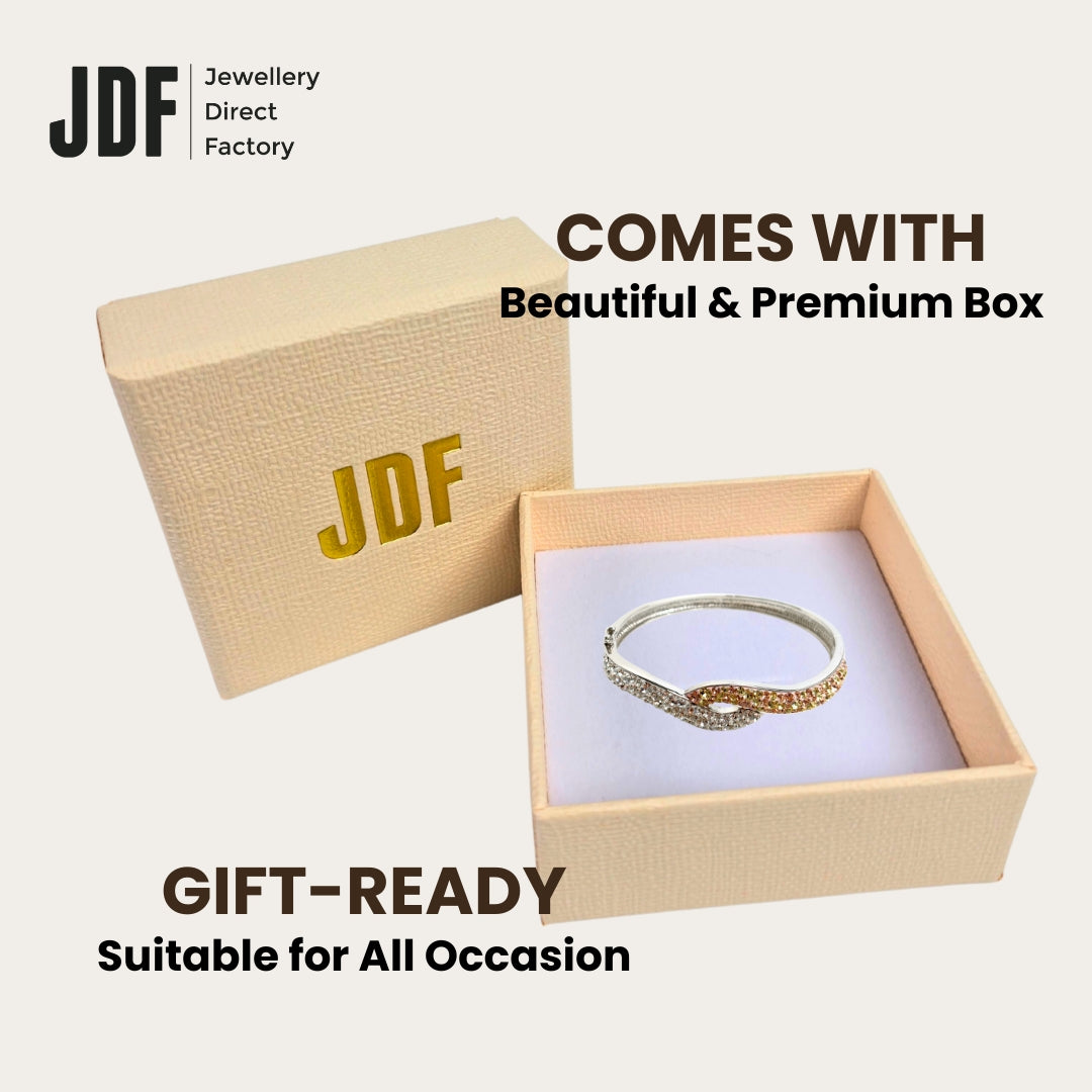 Twist Sparkle Bangle with Crystals From Europe, Crystal Bangle, Inside Jewellery Box Packaging, Crystal From Europe, One-Year Warranty - Jewellery Direct Factory in alabaster background