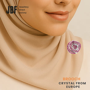 Unique 2-Layer Brooch with Crystals from Europe, Brooch, Worn on Tudung by Model, Crystals from Europe, One-Year Warranty - Jewellery Direct Factory in alabaster background