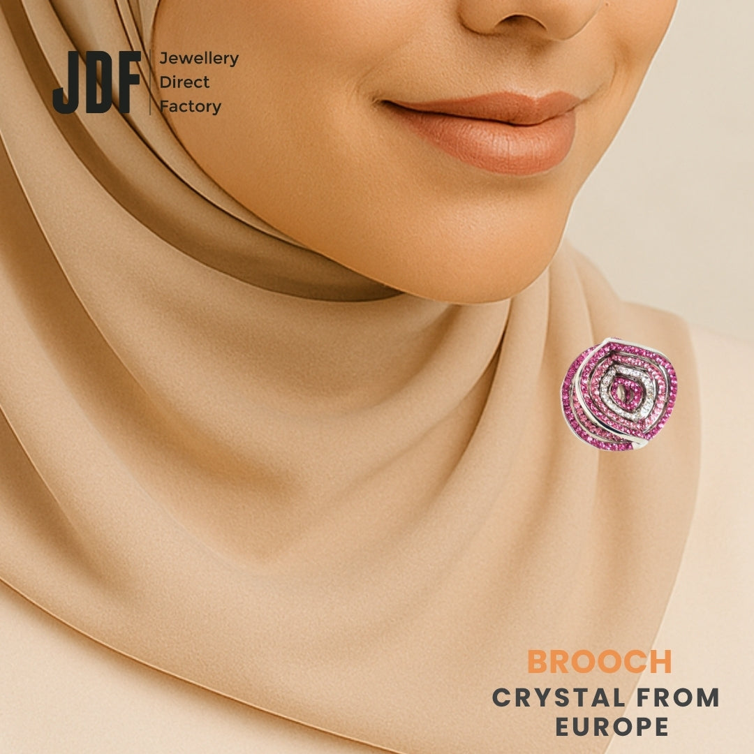 Unique 2-Layer Brooch with Crystals from Europe, Brooch, Worn on Tudung by Model, Crystals from Europe, One-Year Warranty - Jewellery Direct Factory in alabaster background
