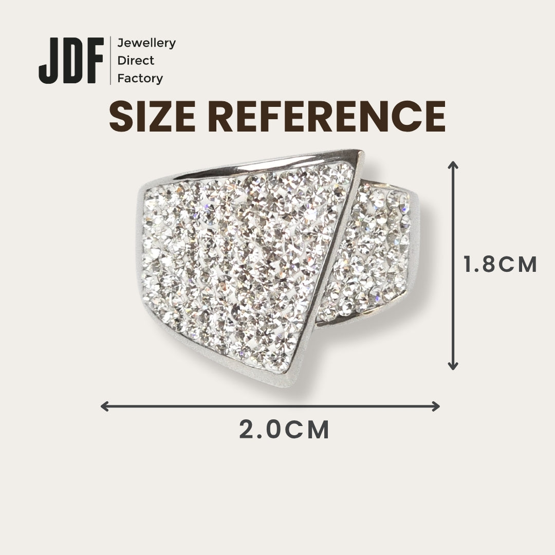 Unique Design Ring with Crystals From Europe, Crystal Ring, Size Reference, Crystals From Europe, One-Year Warranty - Jewellery Direct Factory in alabaster background