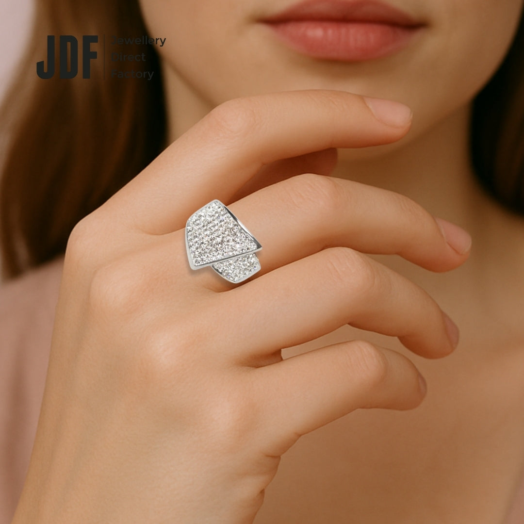 Unique Design Ring with Crystals From Europe, Crystal Ring, Worn by Woman Model, Crystals From Europe, One-Year Warranty - Jewellery Direct Factory in alabaster background