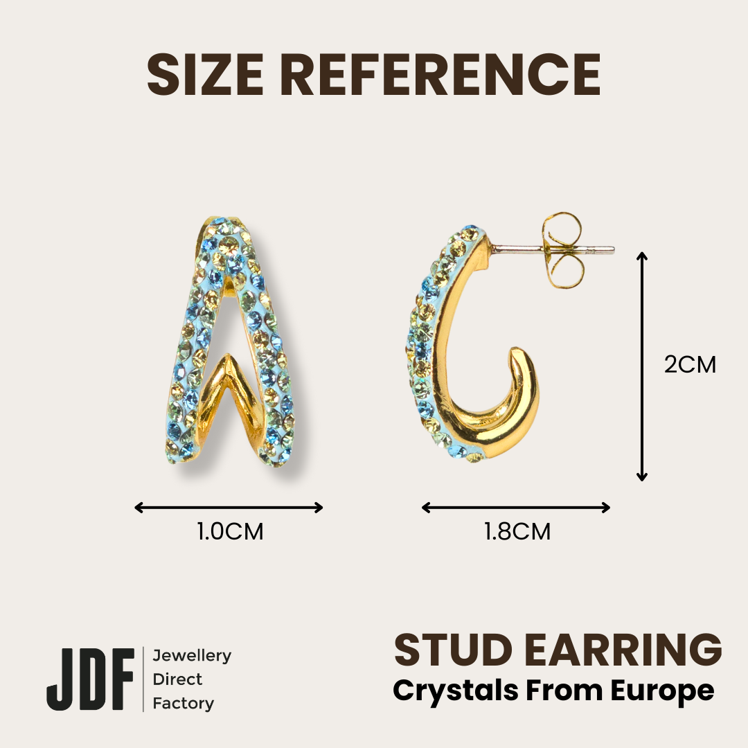 V-Shaped Stud Earrings with European Crystals, Crystal Earrings, Size Reference, European Crystals, One-Year Warranty - Jewellery Direct Factory in alabaster background