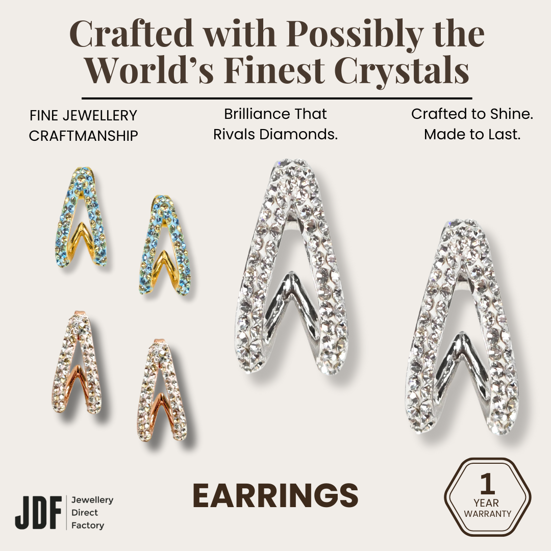 V-Shaped Stud Earrings with European Crystals, Crystal Earrings, Yellow Gold, White Gold, Rose Gold, European Crystals, One-Year Warranty - Jewellery Direct Factory in alabaster background