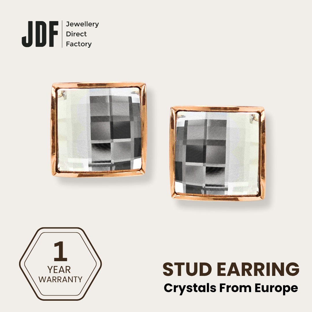 13mm Chessboard Square Earrings with Crystals from Europe, Crystal Earrings, White, Crystals from Europe, One-Year Warranty - Jewellery Direct Factory in alabaster background