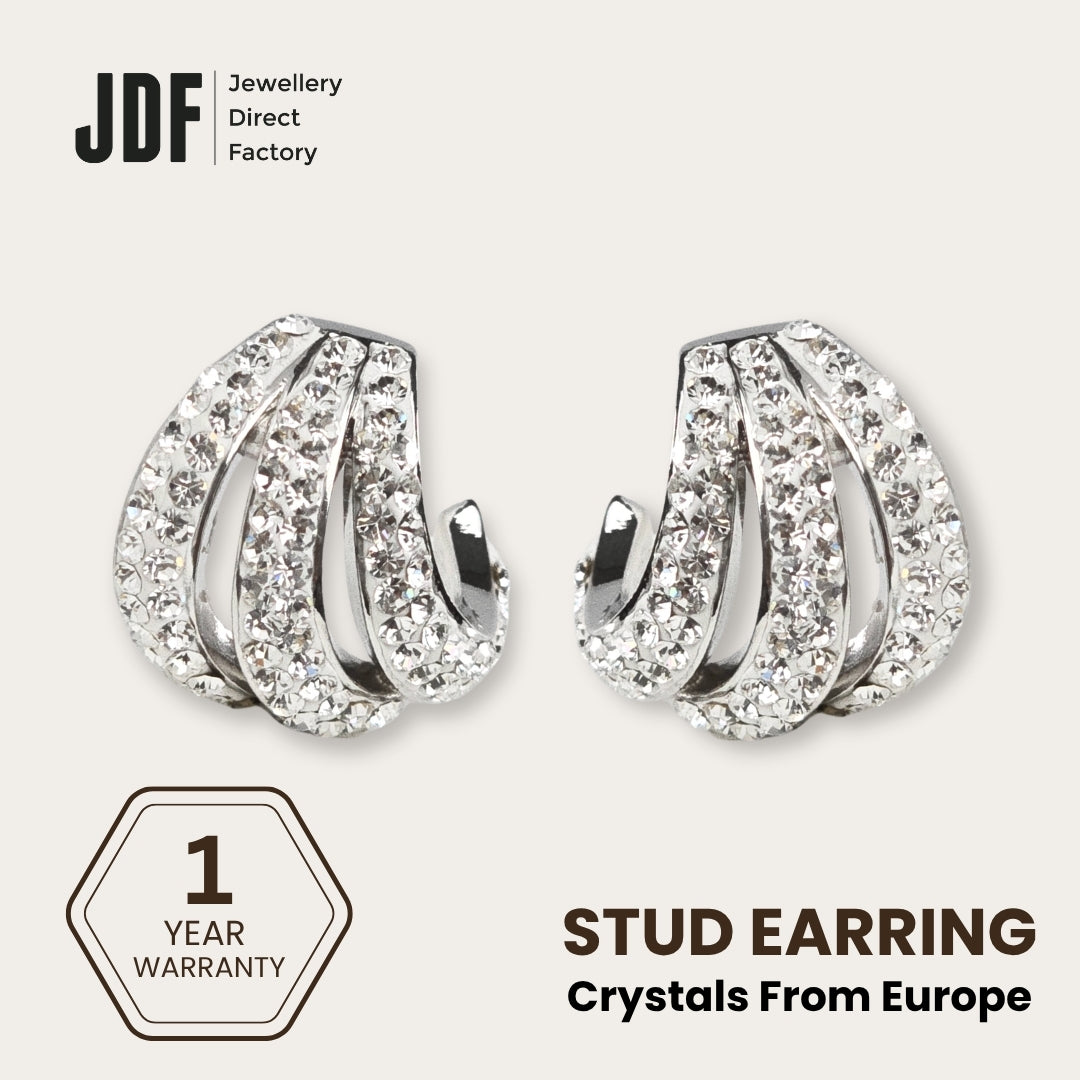Aurora Curve Stud Earrings with Crystals from Europe, Crystal Earrings, White, Crystals from Europe, One-Year Warranty - Jewellery Direct Factory in alabaster background