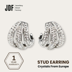 Aurora Curve Stud Earrings with Crystals from Europe, Crystal Earrings, White, Crystals from Europe, One-Year Warranty - Jewellery Direct Factory in alabaster background