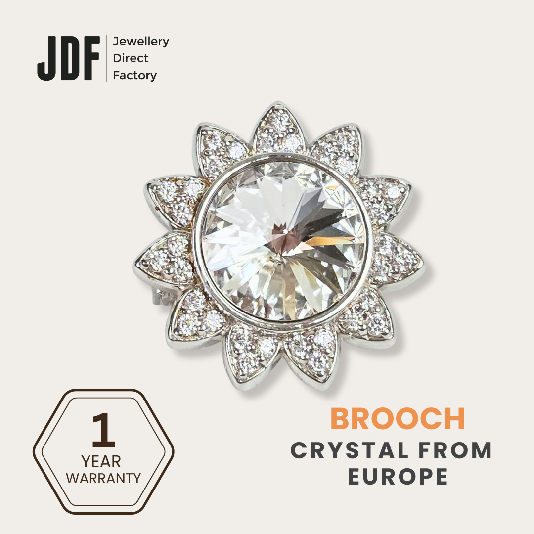 Blooming Sunflower Brooch with Crystals from Europe, Brooch, White, Crystals from Europe, One-Year Warranty - Jewellery Direct Factory in alabaster background