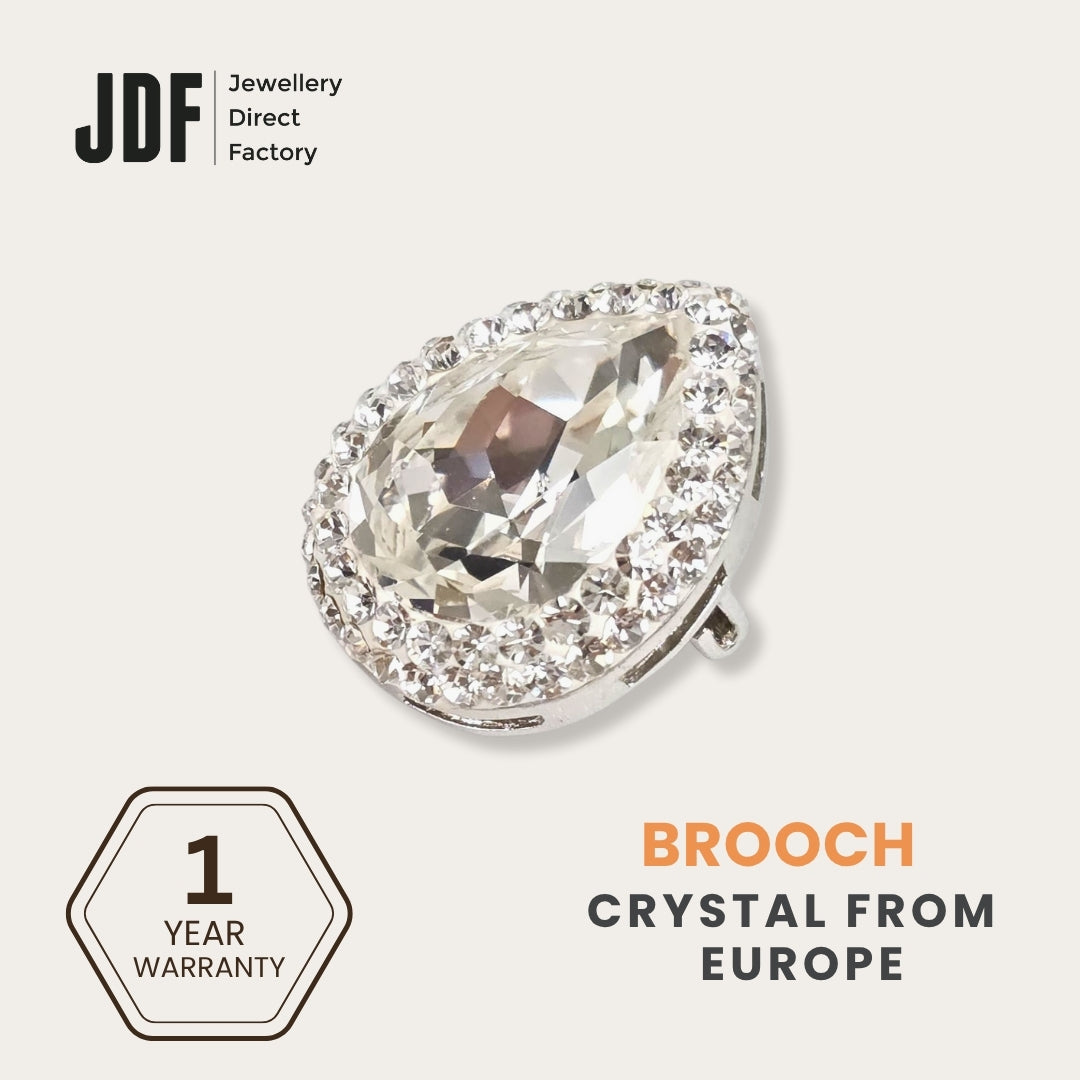 Crystal Water Drop Brooch with Crystal From Europe, Brooch, White, Crystals from Europe, One-Year Warranty - Jewellery Direct Factory in alabaster background (left)