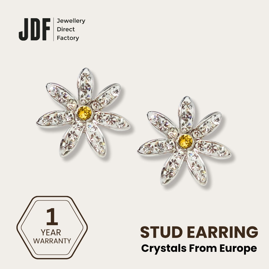Daisy Flower Stud Earrings with Crystals from Europe, Crystal Earrings, White, Crystals from Europe, One-Year Warranty - Jewellery Direct Factory in alabaster background