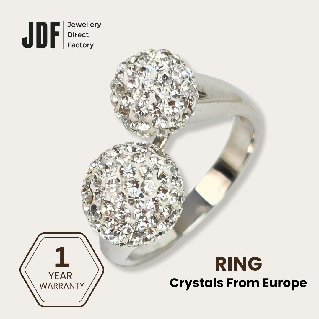 Double Lollipop Ring with Crystal From Europe, Crystal Ring, White, Crystal From Europe, One-Year Warranty - Jewellery Direct Factory in alabaster background