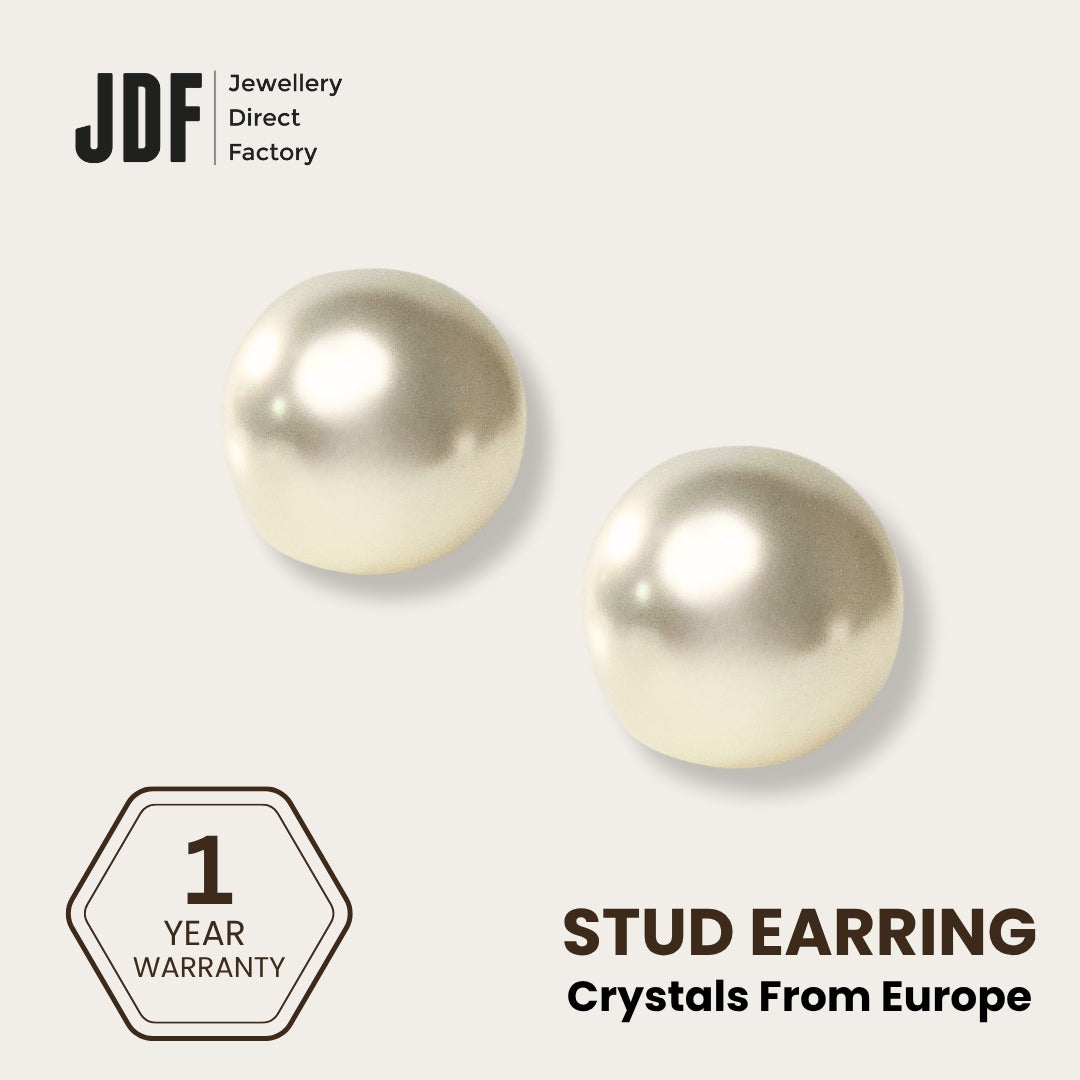 Elegant 12mm Pearl Stud Earrings with Crystals from Europe, Crystal Earrings, White, Crystals from Europe, One-Year Warranty - Jewellery Direct Factory in alabaster background