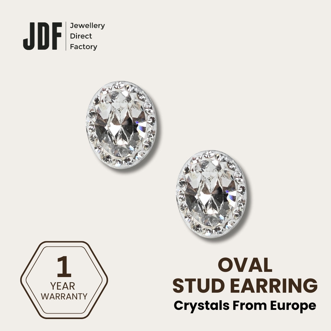 Elegant Oval Stud Earrings with Crystals from Europe, Crystal Earrings, White, Crystals from Europe, One-Year Warranty - Jewellery Direct Factory in alabaster background