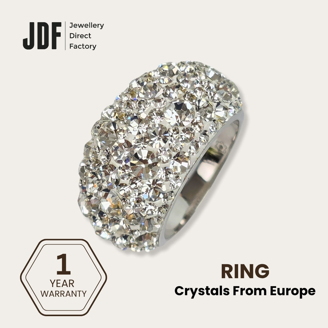 Exclusive Wide Band Ring with Crystals From Europe, Crystal Ring, White, Crystals From Europe, One-Year Warranty - Jewellery Direct Factory in alabaster background