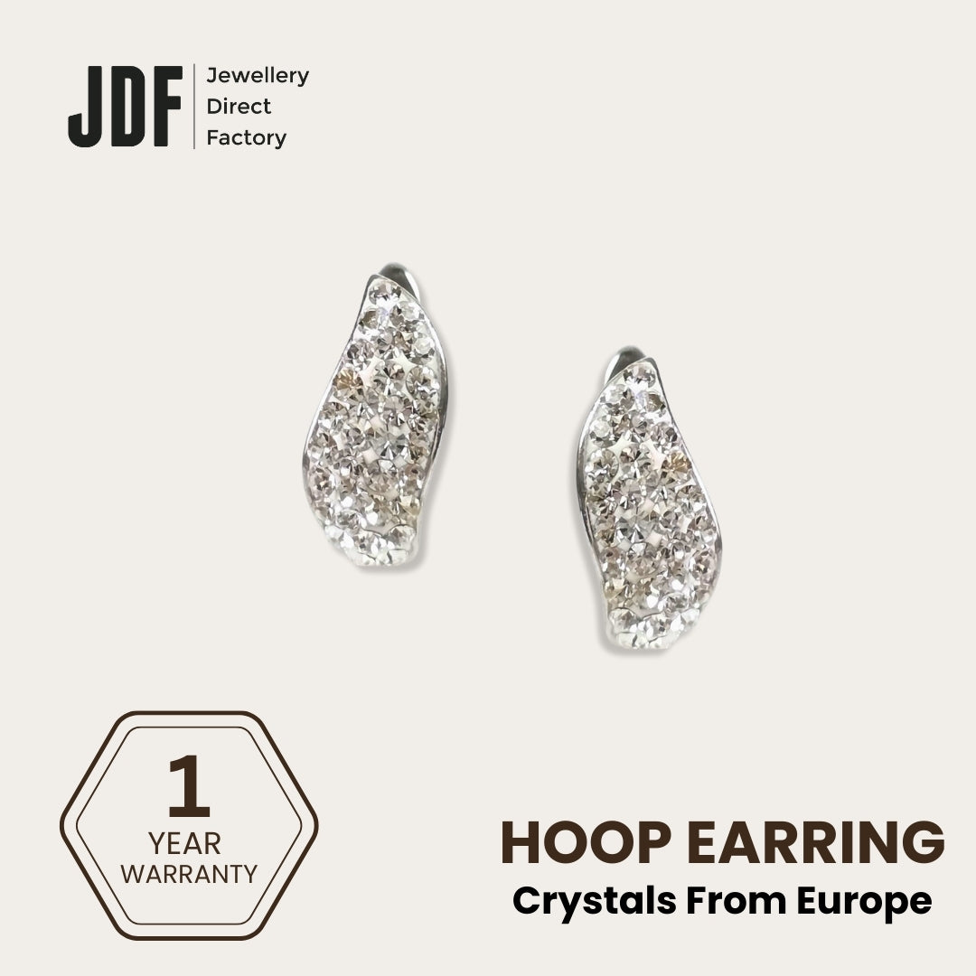 Aurora Curve Hoops with Crystals from Europe, Earrings, White Gold, Crystals from Europe, One-Year Warranty - Jewellery Direct Factory in alabaster background