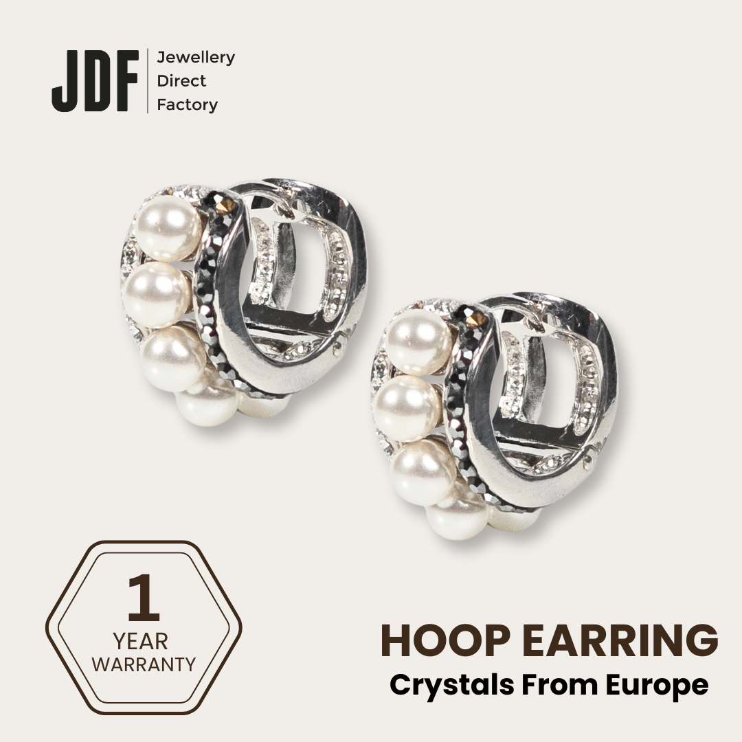 Elegant Pearl & Crystal Hoop Earrings with European Crystals, Crystal Earrings, White Gold, European Crystals, One-Year Warranty - Jewellery Direct Factory in alabaster background