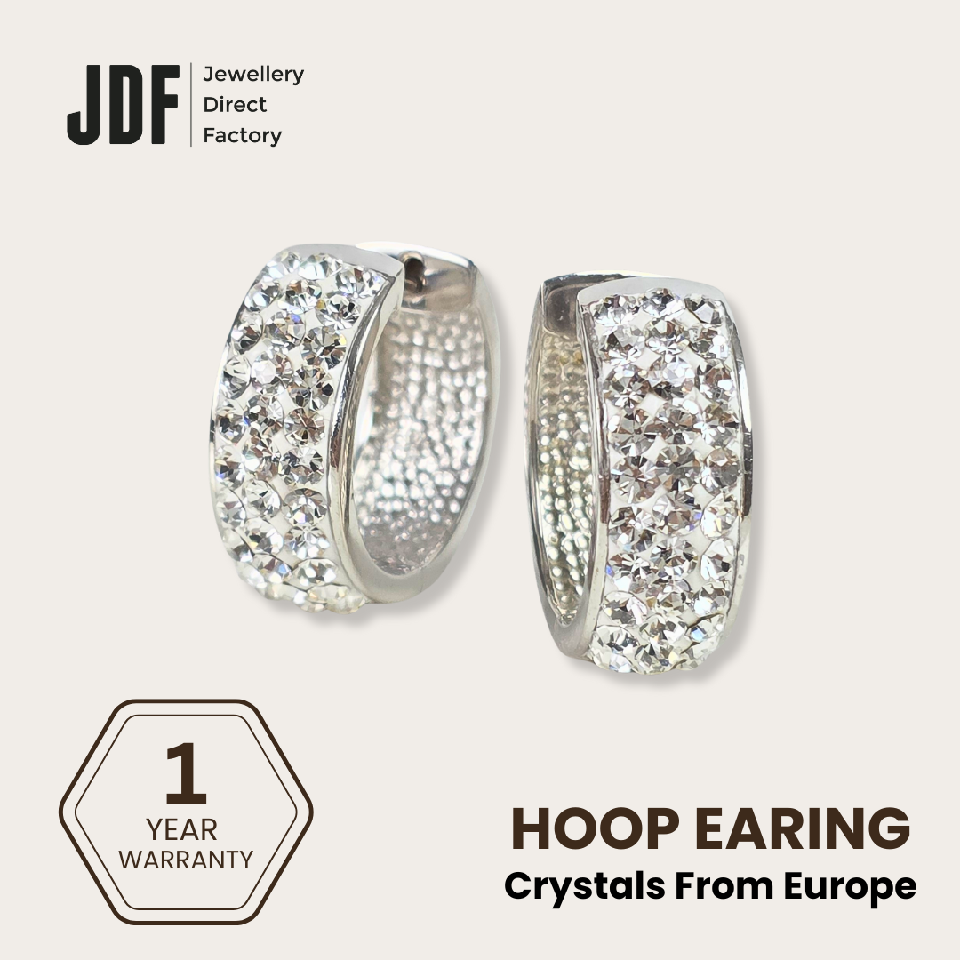 Huggie Hoops with Crystals From Europe, Earrings, White Gold, Crystals from Europe, One-Year Warranty - Jewellery Direct Factory in alabaster background