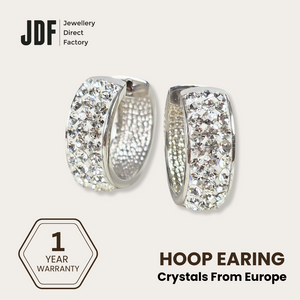Huggie Hoops with Crystals From Europe, Earrings, White Gold, Crystals from Europe, One-Year Warranty - Jewellery Direct Factory in alabaster background