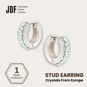 Huggies Earrings with Crystals from Europe, Crystal Earrings, White Gold, Crystals from Europe, One-Year Warranty - Jewellery Direct Factory in alabaster background