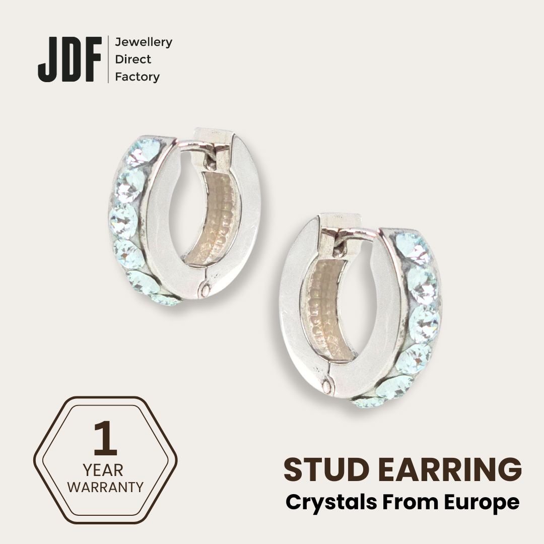 Huggies Earrings with Crystals from Europe, Crystal Earrings, White Gold, Crystals from Europe, One-Year Warranty - Jewellery Direct Factory in alabaster background