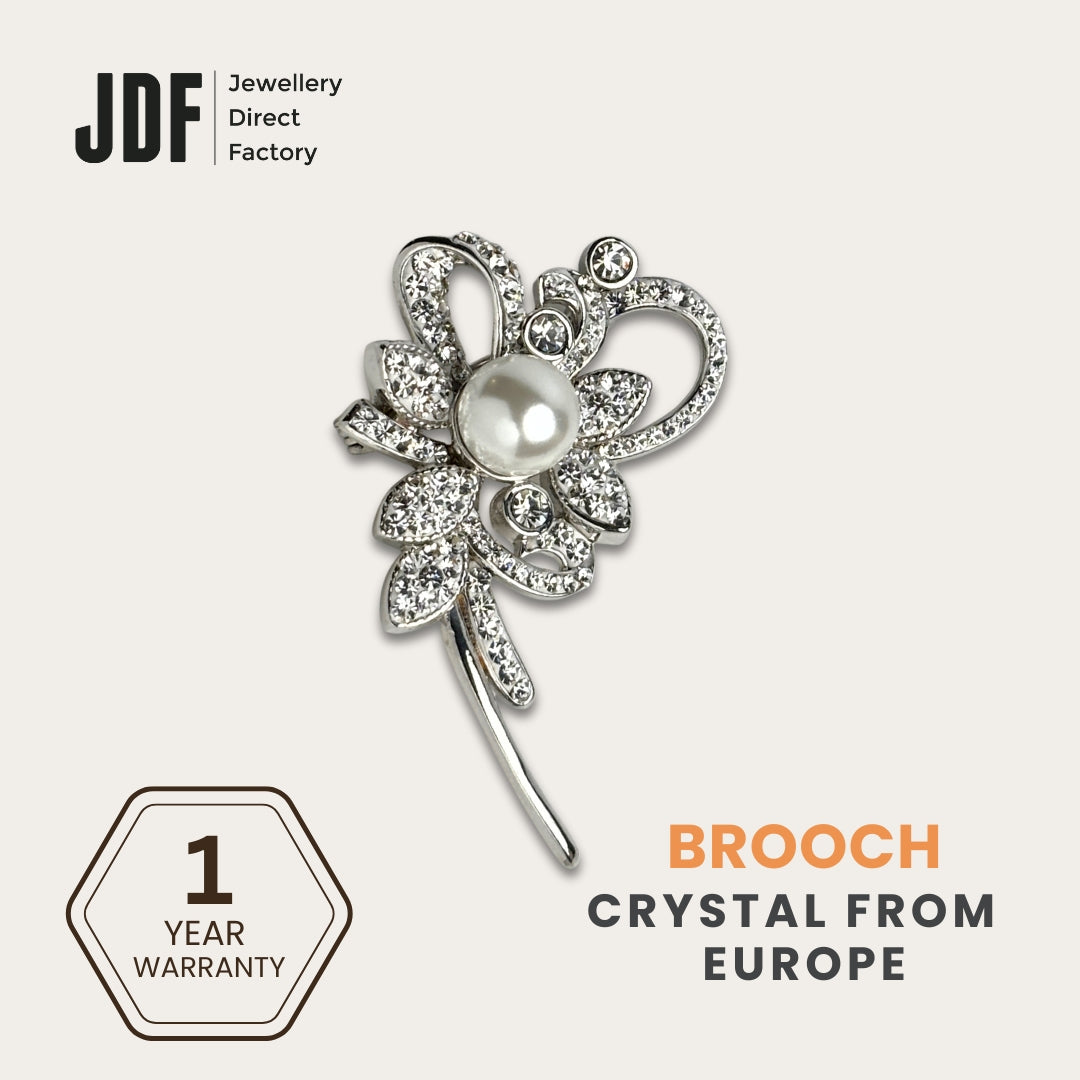Sparkling Crystal Flower Brooch with Pearl, Brooch, White Gold, Crystals from Europe, One-Year Warranty - Jewellery Direct Factory in alabaster background