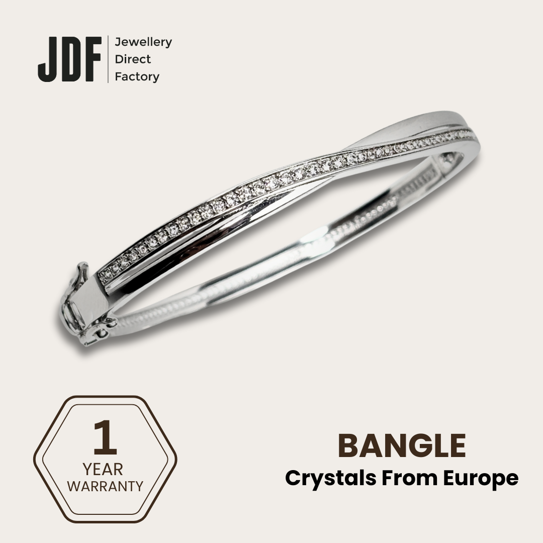 Grace Hinge Bangle with European Crystals, Crystal Bangle, White, Crystals From Europe, One-Year Warranty - Jewellery Direct Factory in alabaster background
