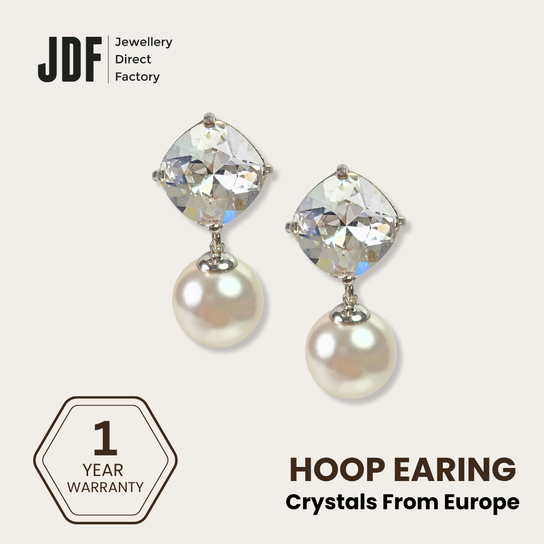 Lustre Drop with Pearl and Crystals from Europe, Earrings, White, Crystals from Europe, One-Year Warranty - Jewellery Direct Factory in alabaster background