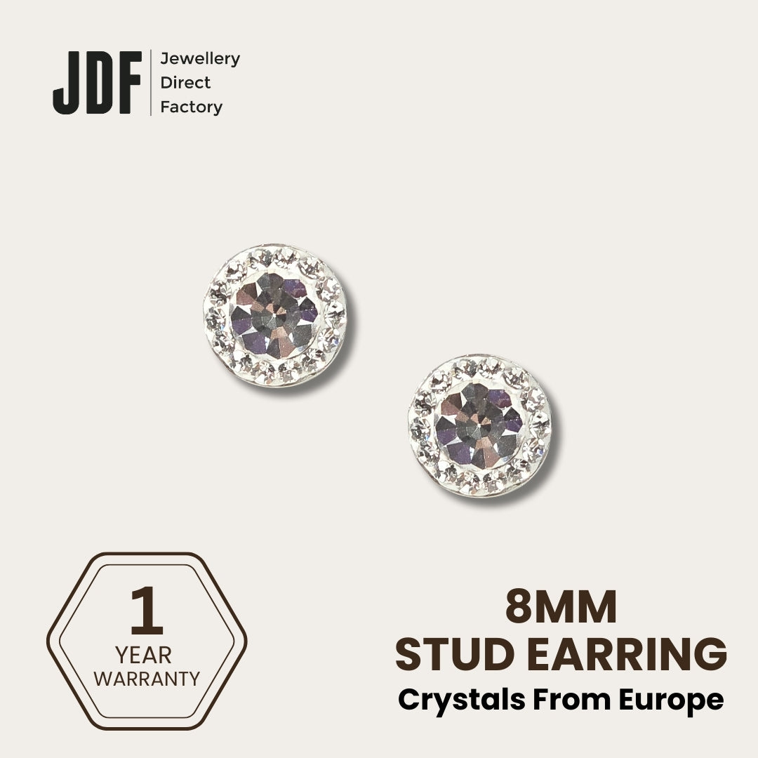 Mini Halo Round Stud Earrings with Crystals from Europe, Crystal Earrings, White, Crystals from Europe, One-Year Warranty - Jewellery Direct Factory in alabaster background