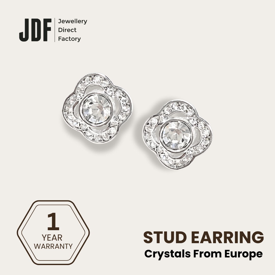 Quatrefoil Solitaire Stud Earrings, Earrings, White, Crystals from Europe, One-Year Warranty - Jewellery Direct Factory in alabaster background
