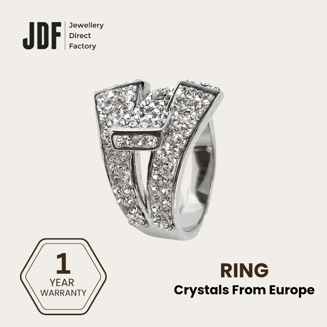 Signature Belt Design Ring with Crystals From Europe, Crystal Ring, White, Crystals From Europe, One-Year Warranty - Jewellery Direct Factory in alabaster background