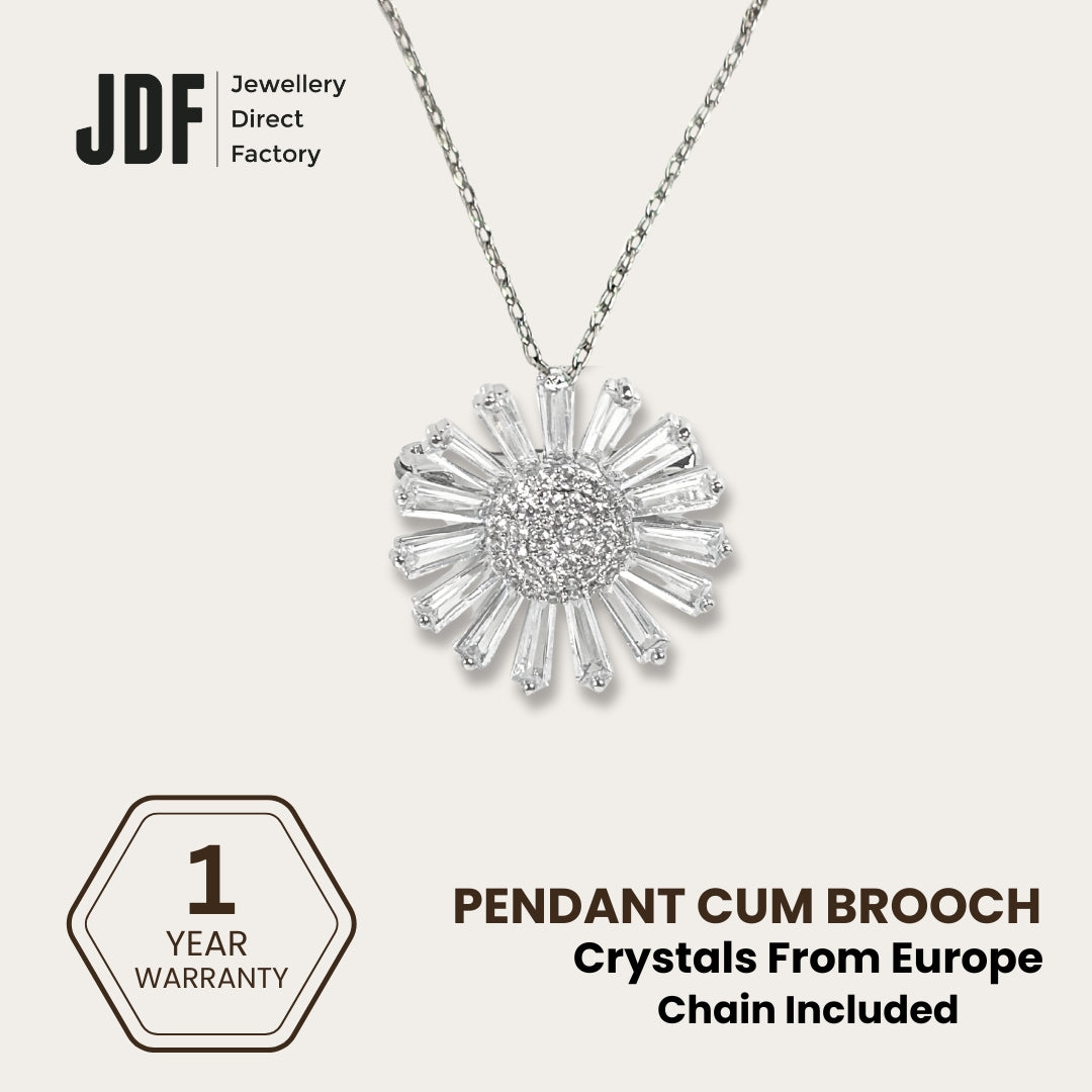Sunlit Daisy Pendant Brooch with Cubic Zirconia, Pendant Brooch, White, Cubic Zirconia, One-Year Warranty - Jewellery Direct Factory in alabaster background