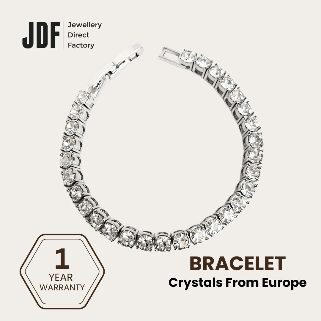Tennis Bracelet 4mm with Crystal From Europe, Crystal Bracelet, White, Crystal From Europe, One-Year Warranty - Jewellery Direct Factory in alabaster background
