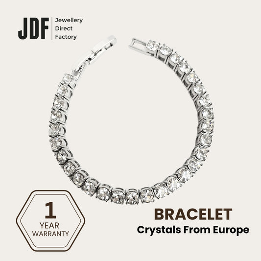 Tennis Bracelet 4mm with Crystal From Europe, Crystal Bracelet, White, Crystal From Europe, One-Year Warranty - Jewellery Direct Factory in alabaster background