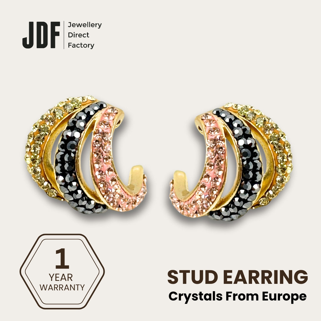 Aurora Curve Stud Earrings with Crystals from Europe, Crystal Earrings, Yellow Gold, Crystals from Europe, One-Year Warranty - Jewellery Direct Factory in alabaster background (durian)