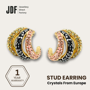 Aurora Curve Stud Earrings with Crystals from Europe, Crystal Earrings, Yellow Gold, Crystals from Europe, One-Year Warranty - Jewellery Direct Factory in alabaster background (durian)