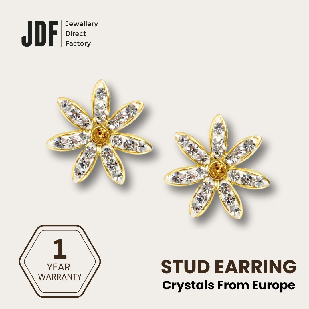 Daisy Flower Stud Earrings with Crystals from Europe, Crystal Earrings, Yellow Gold, Crystals from Europe, One-Year Warranty - Jewellery Direct Factory in alabaster background
