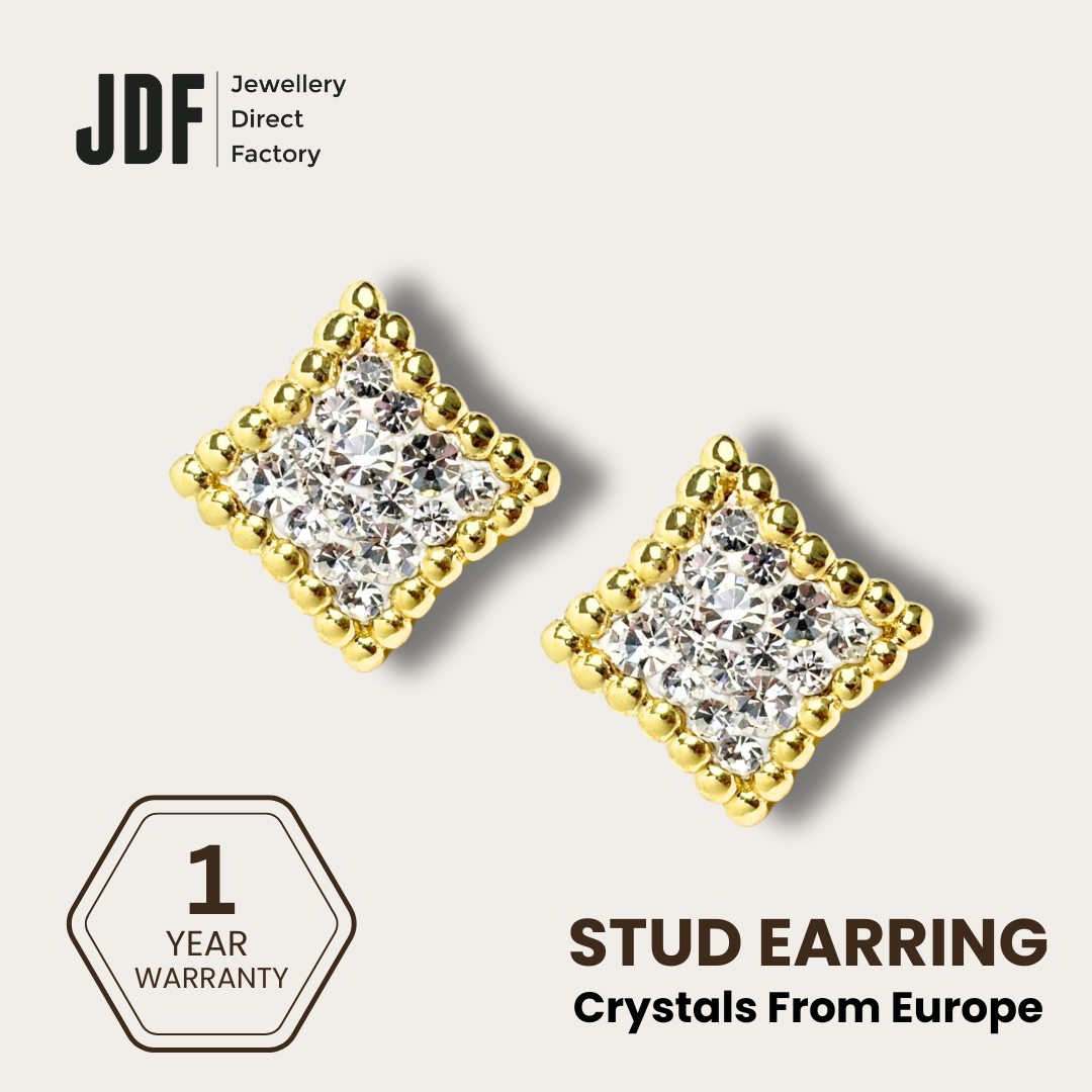 European Diamond Stud with Crystal From Europe, Crystal Earrings, Yellow Gold, Crystal From Europe, One-Year Warranty - Jewellery Direct Factory in alabaster background