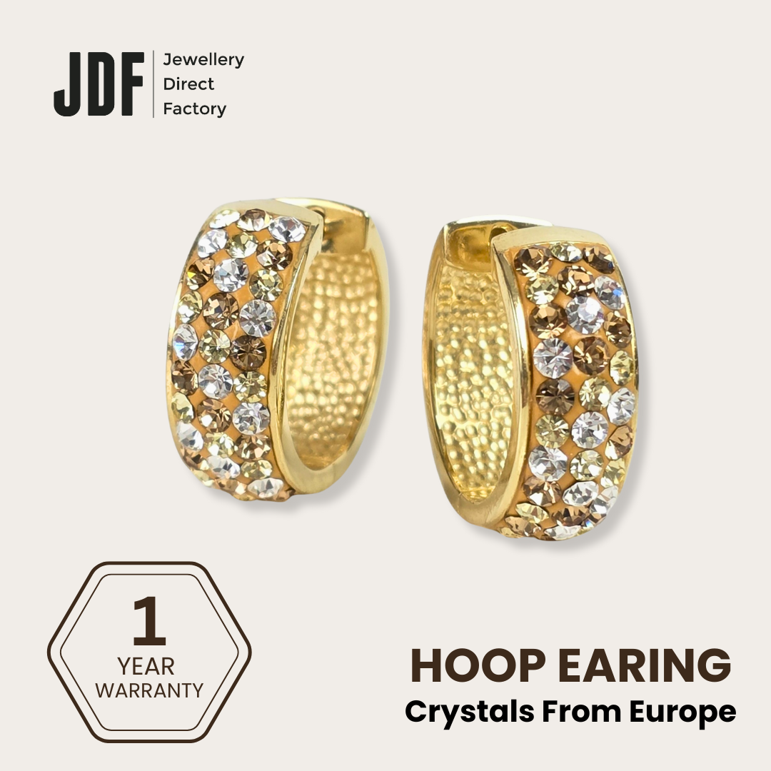 Huggie Hoops with Crystals From Europe, Earrings, Yellow Gold, Crystals from Europe, One-Year Warranty - Jewellery Direct Factory in alabaster background