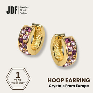 Princess Wide Huggies Earrings with Crystals from Europe, Crystal Earrings, Yellow Gold, Crystals from Europe, One-Year Warranty - Jewellery Direct Factory in alabaster background